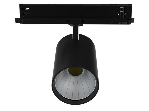 Czarny reflektor LED Trackspot P 3PH DALI do szyny trójfazowej na białym tle
