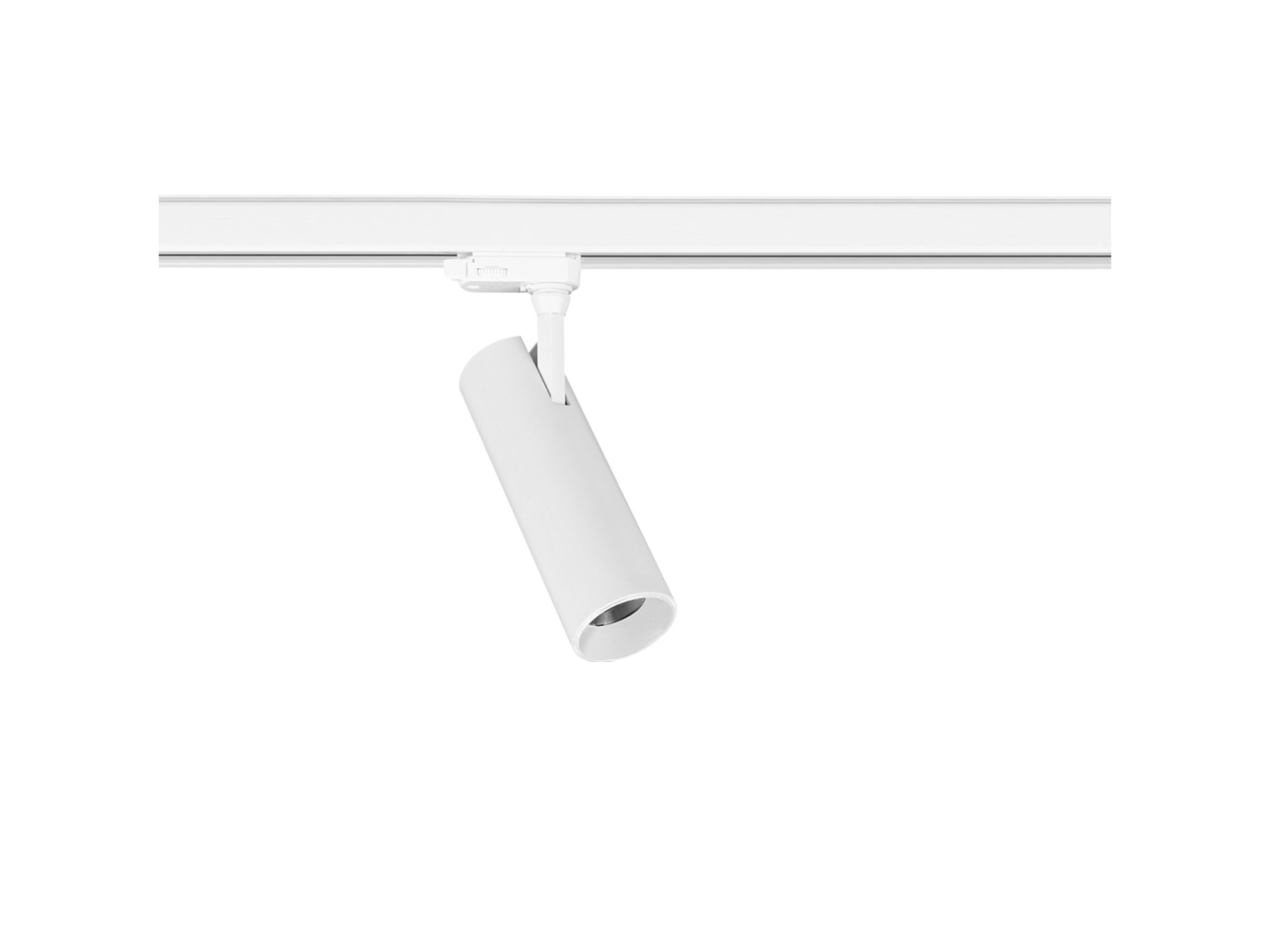 Biały reflektor szynowy LED 20 W z cylindryczną głowicą i adapterem, białe tło