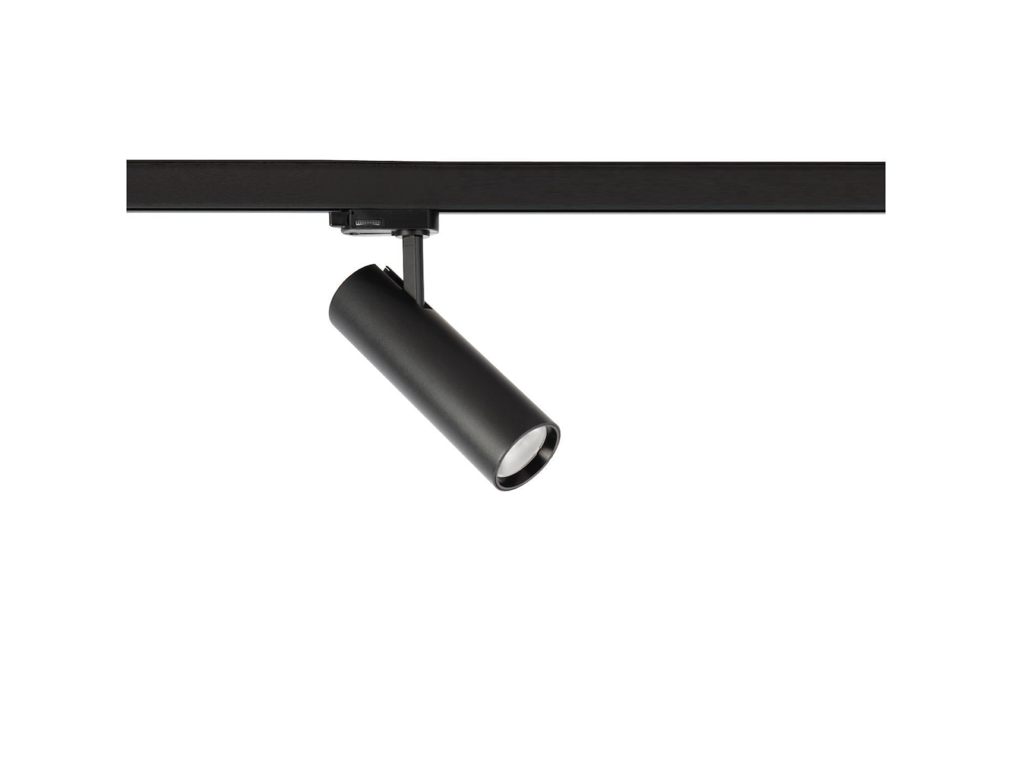 Czarny reflektor szynowy LED 20 W z cylindrycznym kloszem na białym tle