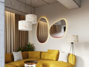 Miniaturka 33 - Regulowana lampa wisząca Elaria 40 cm beżowy marmur w aranżacji salonu