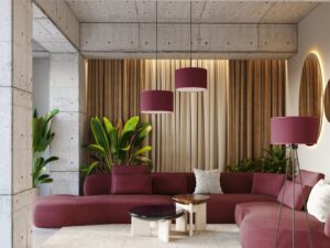 Miniaturka 12 - Regulowana lampa wisząca Elaria 40 cm burgundowy nad sofą w salonie