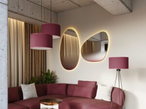 Miniaturka 13 - Regulowana lampa wisząca Elaria 40 cm burgundowy w aranżacji salonu