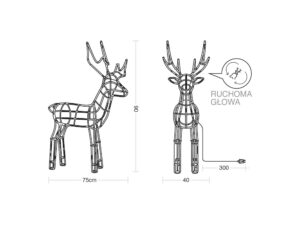Miniaturka 6 - Schemat wymiarów figury renifera LED 90 cm, ruchomej głowy i przewodu 300 cm