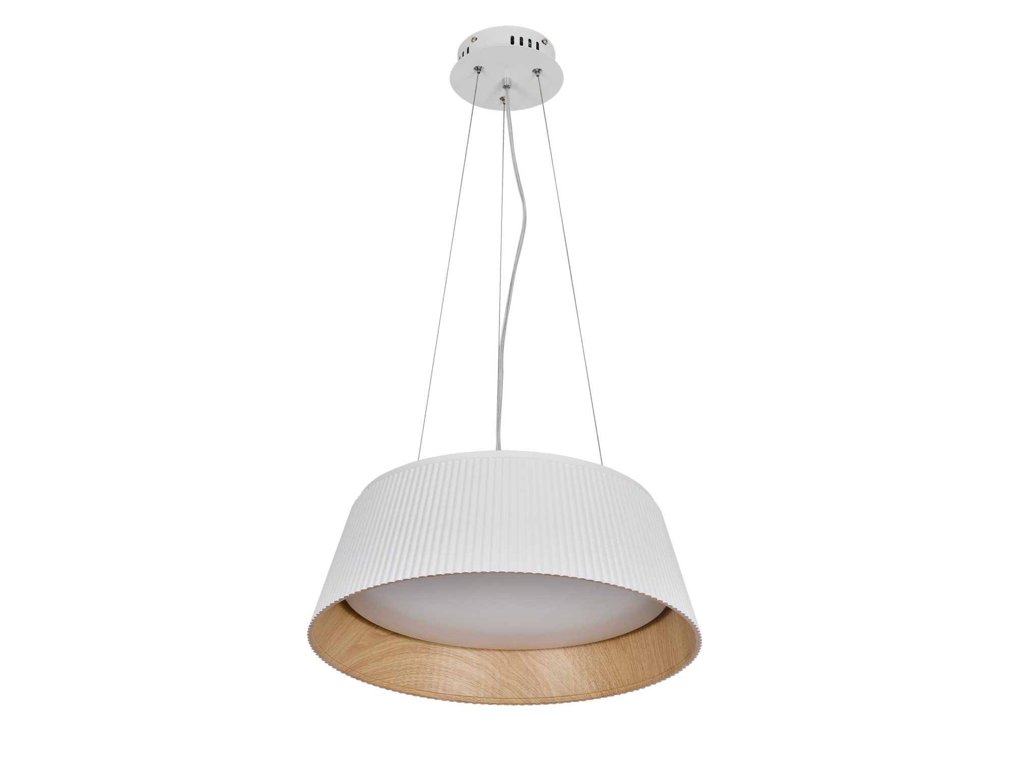 Biało-drewniana lampa wisząca Romadena LED 24 W z białym kloszem