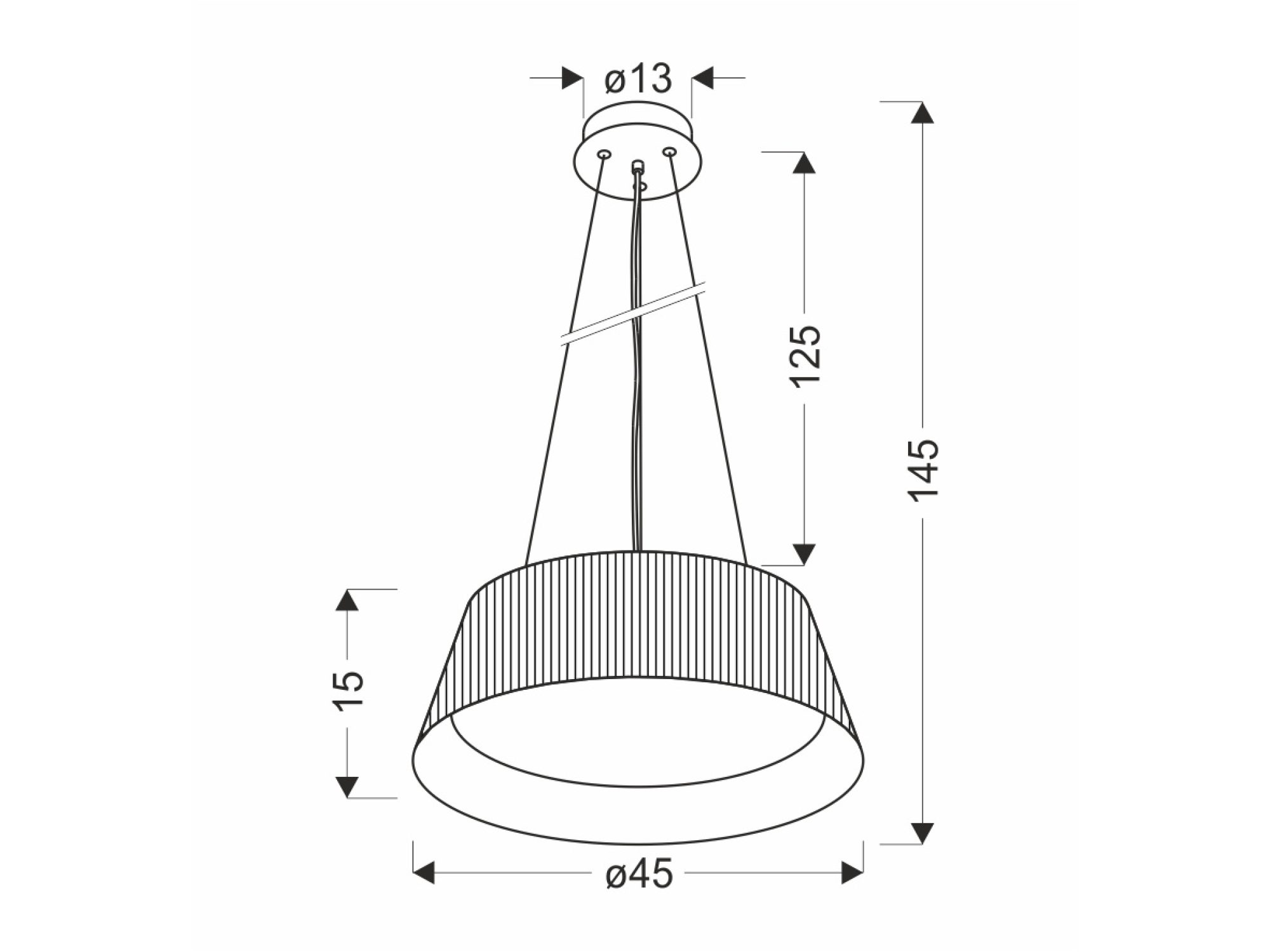 Rysunek wymiarowy lampy wiszącej Romadena LED, wspólny dla obu wariantów