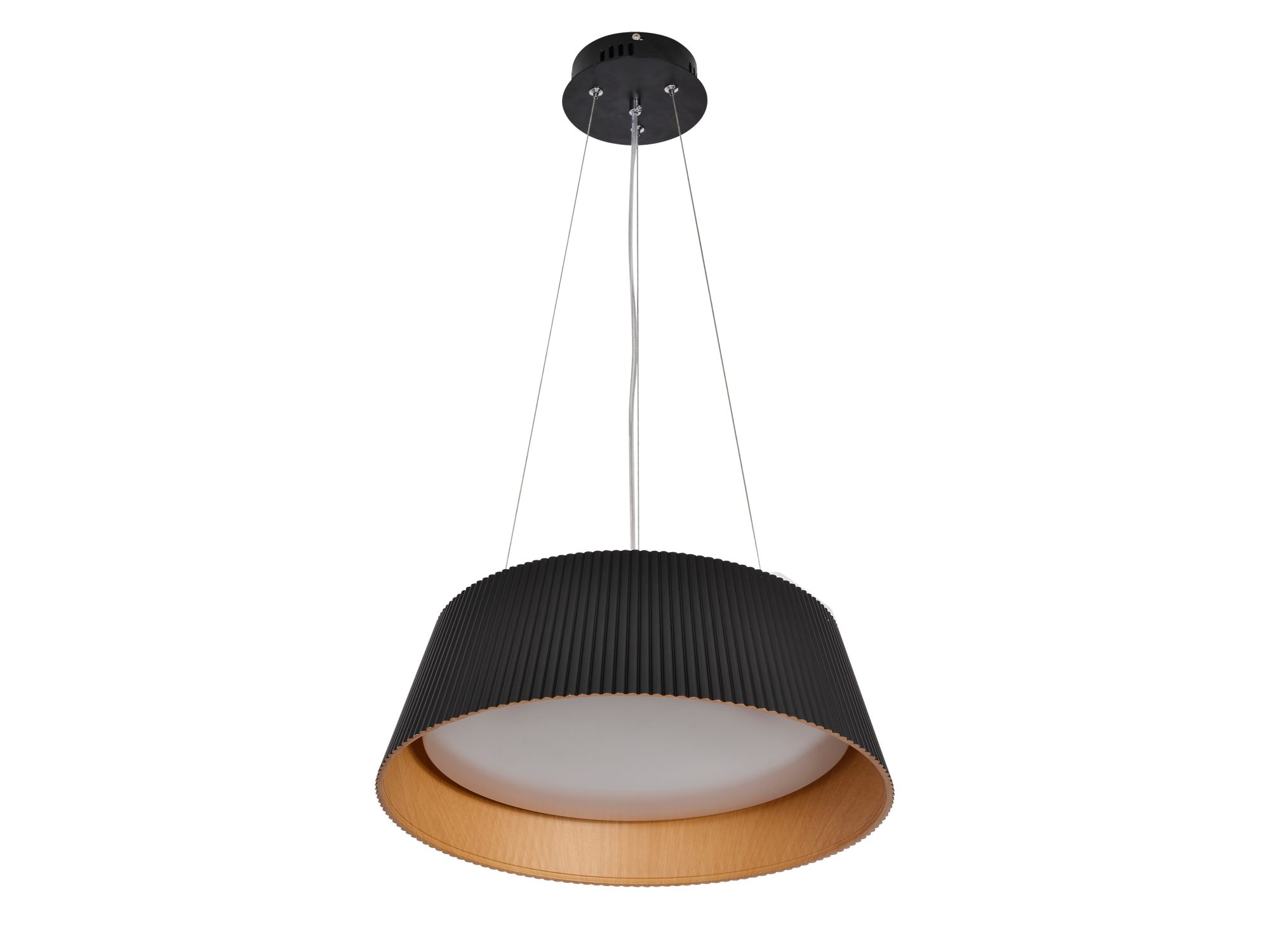 Czarno-drewniana lampa wisząca Romadena LED 24 W z białym kloszem
