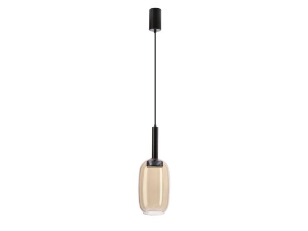 Lampa wisząca Rominia czarna ze szklanym kloszem przezroczysto-bursztynowym na białym tle