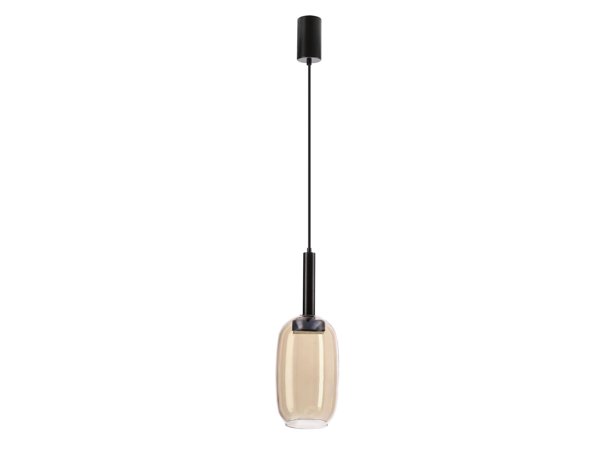 Lampa wisząca Rominia czarna ze szklanym kloszem przezroczysto-bursztynowym na białym tle