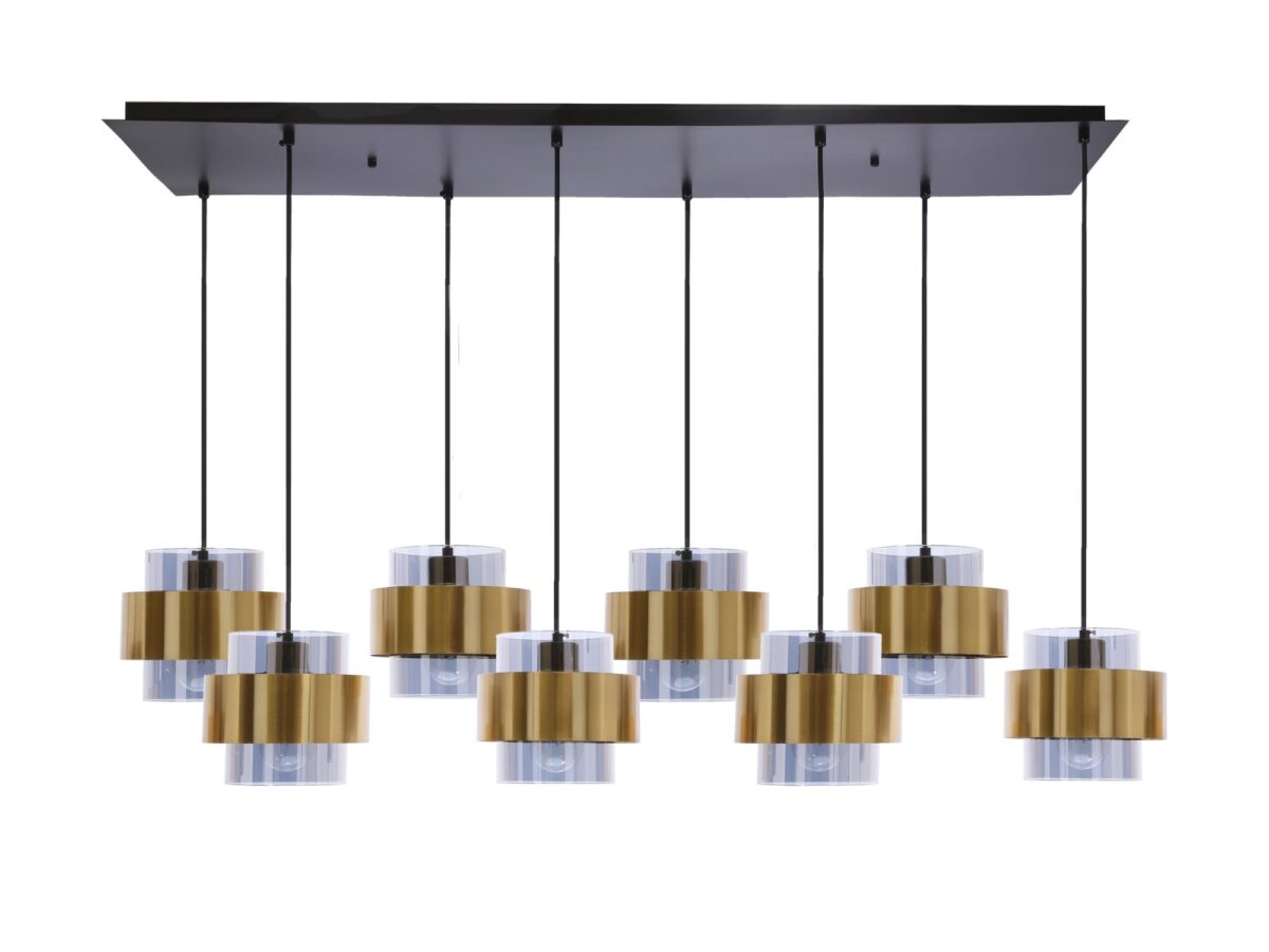 Lampa wisząca Salidena czarno-mosiężna z 8 dymionymi kloszami