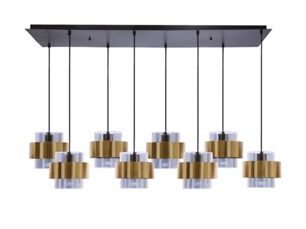 Czarno-mosiężna lampa wisząca Salidena z ośmioma szklanymi kloszami dymionymi