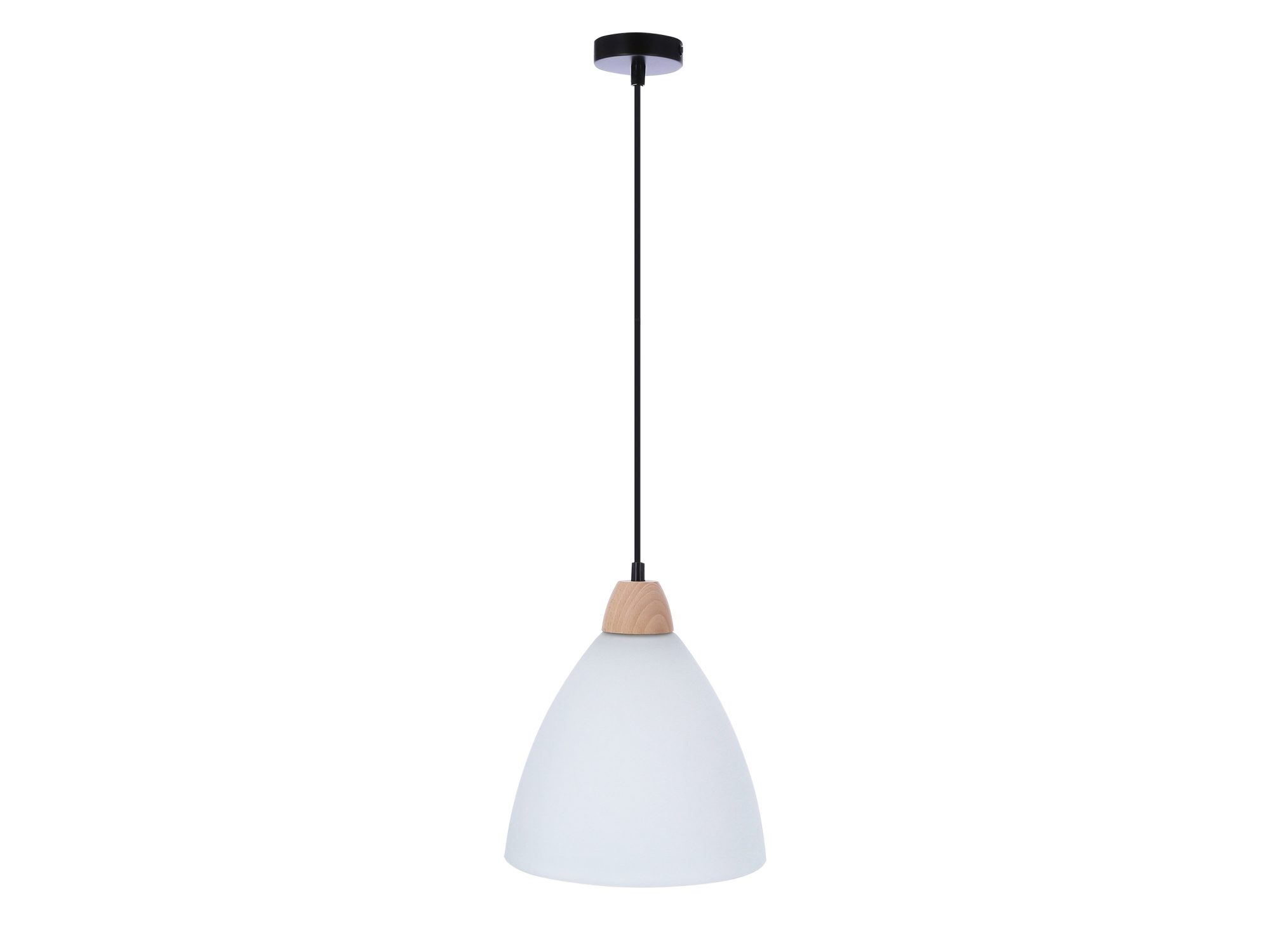 Lampa wisząca Selanira z białym szklanym kloszem i jasnym drewnem