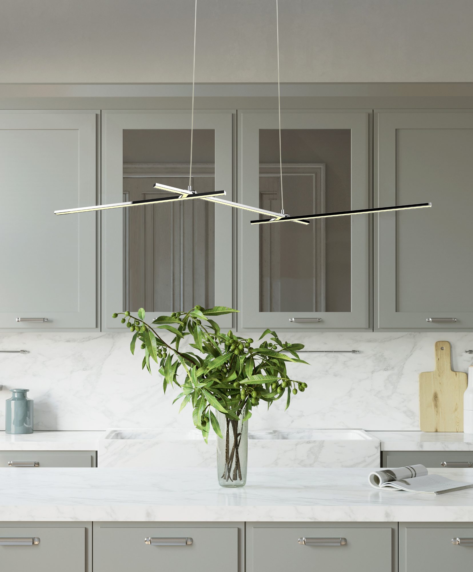 Lampa wisząca Seleda LED nad jasną wyspą kuchenną z marmurowym blatem