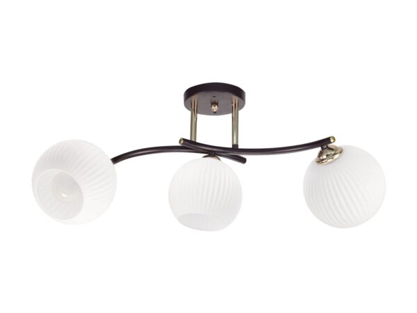 Lampa sufitowa Serodeta z trzema białymi szklanymi kloszami i brunatno-złotą podstawą