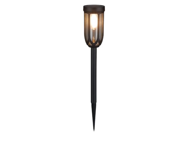 Czarny słupek solarny LED 45 cm z kolcem do gruntu na białym tle