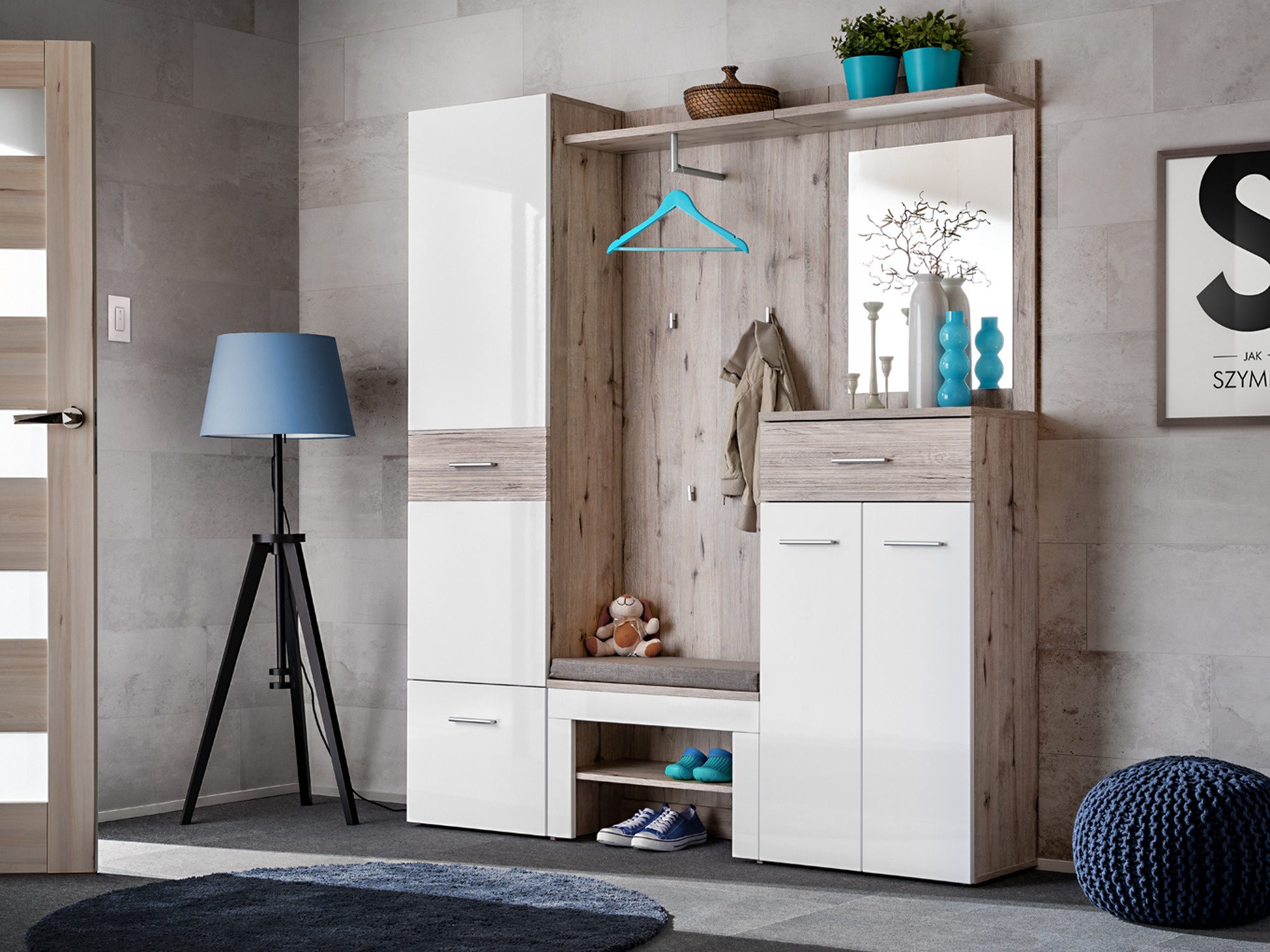 Słupek z szufladą i LED Melvoro 40 cm dąb Wellington biały – szafa z lustrem i komodą w stylu skandynawskim