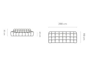 Miniaturka 5 - Rysunek wymiarów sofy Campello: szerokość 288 cm, głębokość 119 cm, wysokość 85 cm, wysokość siedziska 42 cm