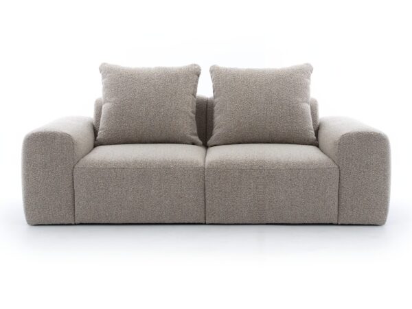 Sofa dwuosobowa Brunelio w jasnoszarobeżowej tkaninie – przód