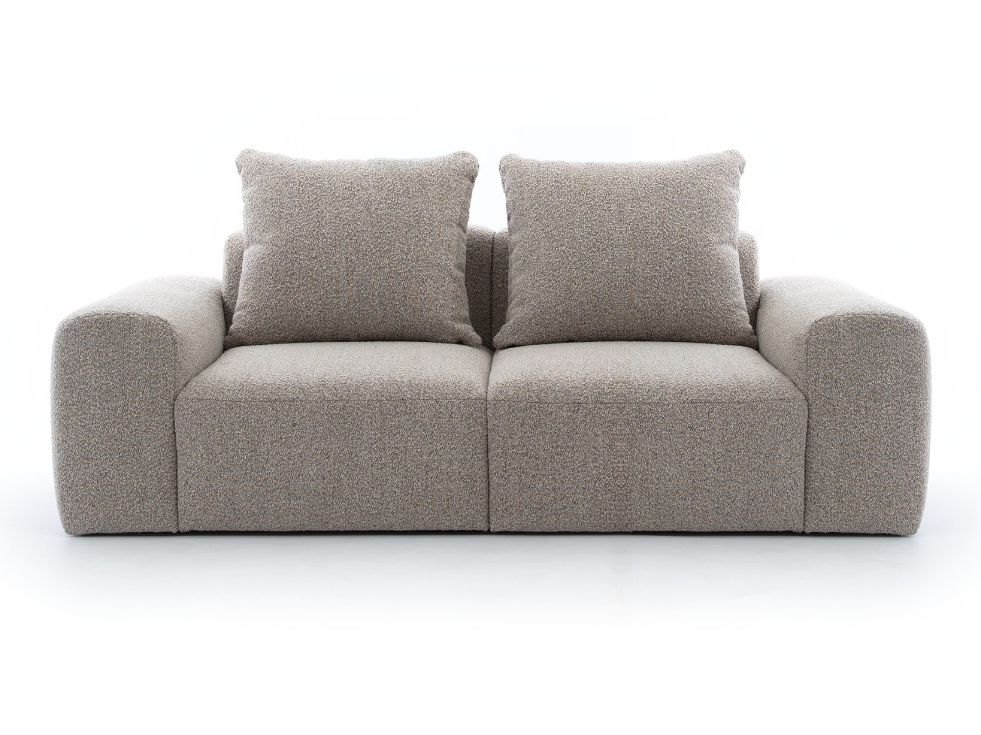 Sofa dwuosobowa Brunelio w jasnoszarobeżowej tkaninie – przód
