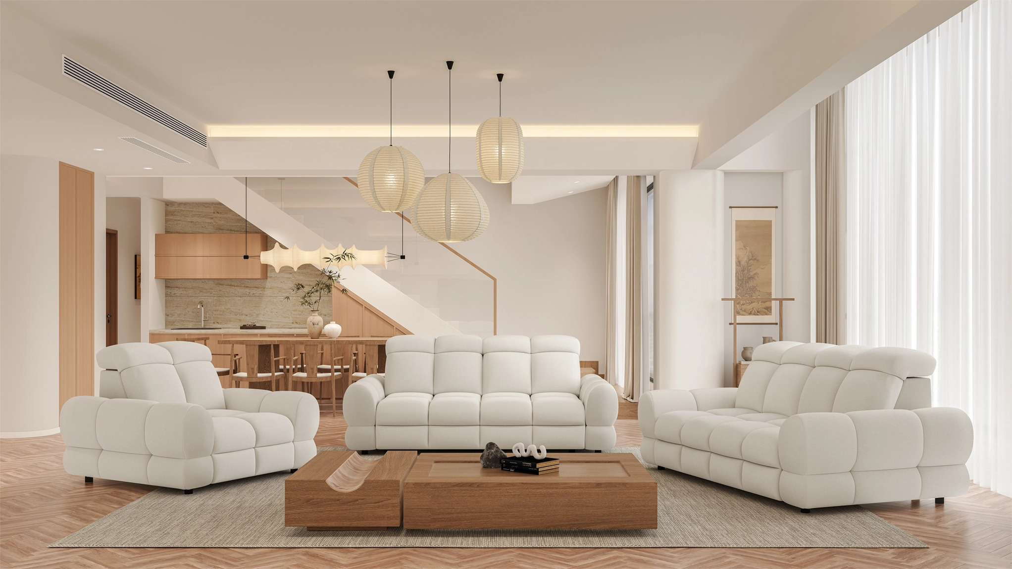 Sofa Tolvaro 187 cm w zestawie z fotelem i sofą trzyosobową w jasnym salonie
