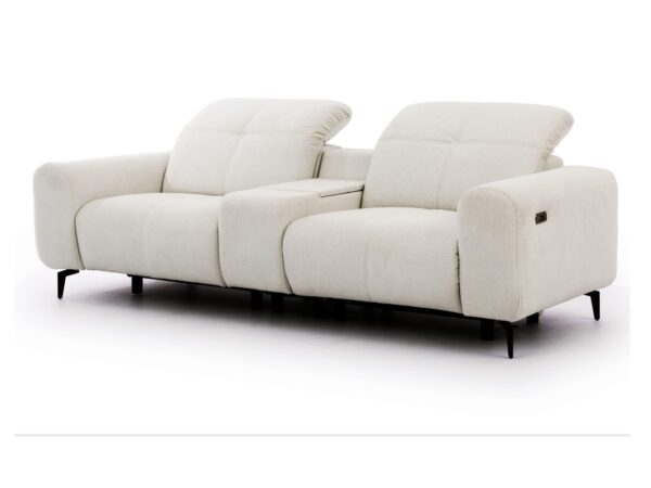 Sofa dwuosobowa Lorvanto z relaksem i panelem na białym tle