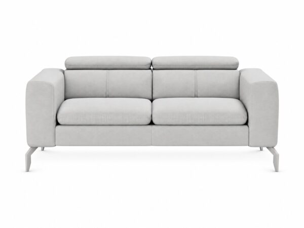Sofa dwuosobowa Celvaro 170 cm z regulowanymi zagłówkami w jasnoszarej tkaninie, na metalowych nóżkach, na białym tle