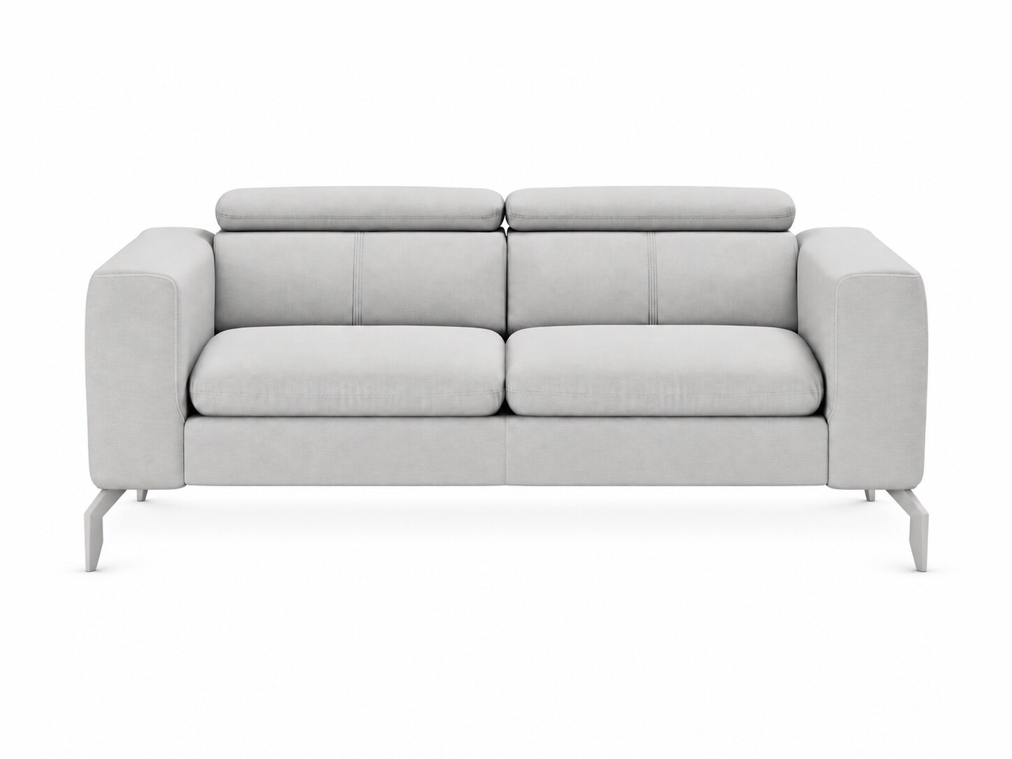 Sofa dwuosobowa Celvaro 170 cm z regulowanymi zagłówkami w jasnoszarej tkaninie, na metalowych nóżkach, na białym tle