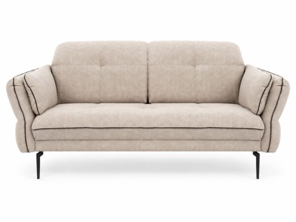 Sofa dwuosobowa Terlavio 187 cm w beżowej tkaninie z ciemną lamówką, na cienkich metalowych nóżkach, na białym tle