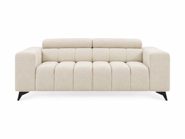 Sofa dwuosobowa z regulowanymi zagłówkami Virvento 210 cm w kremowej tkaninie z pionowymi przeszyciami, widok z przodu, na białym tle