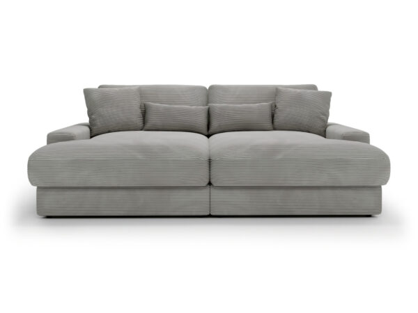Duża sofa Harvina w szarej tkaninie, widok z przodu na białym tle