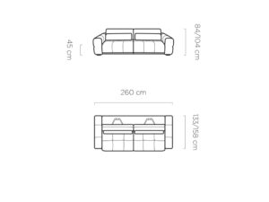 Miniaturka 5 - Wymiary sofy Lagvero 260 cm – rysunek z przodu i z góry