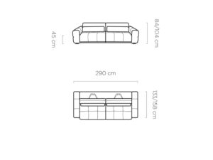 Miniaturka 5 - Wymiary sofy Lagvero 290 cm – rysunek z przodu i z góry