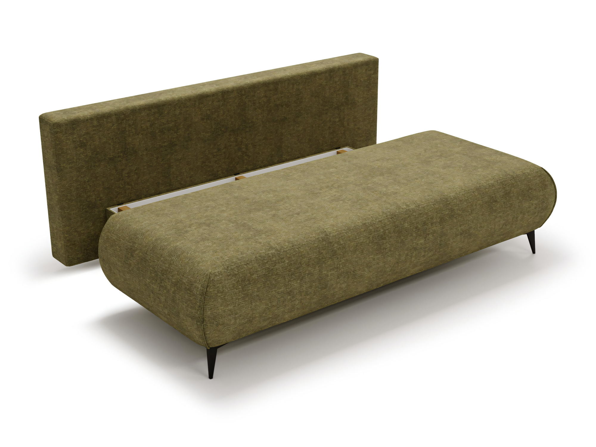 Sofa Modrino w pozycji rozłożonej, z funkcją spania i pojemnikiem na pościel