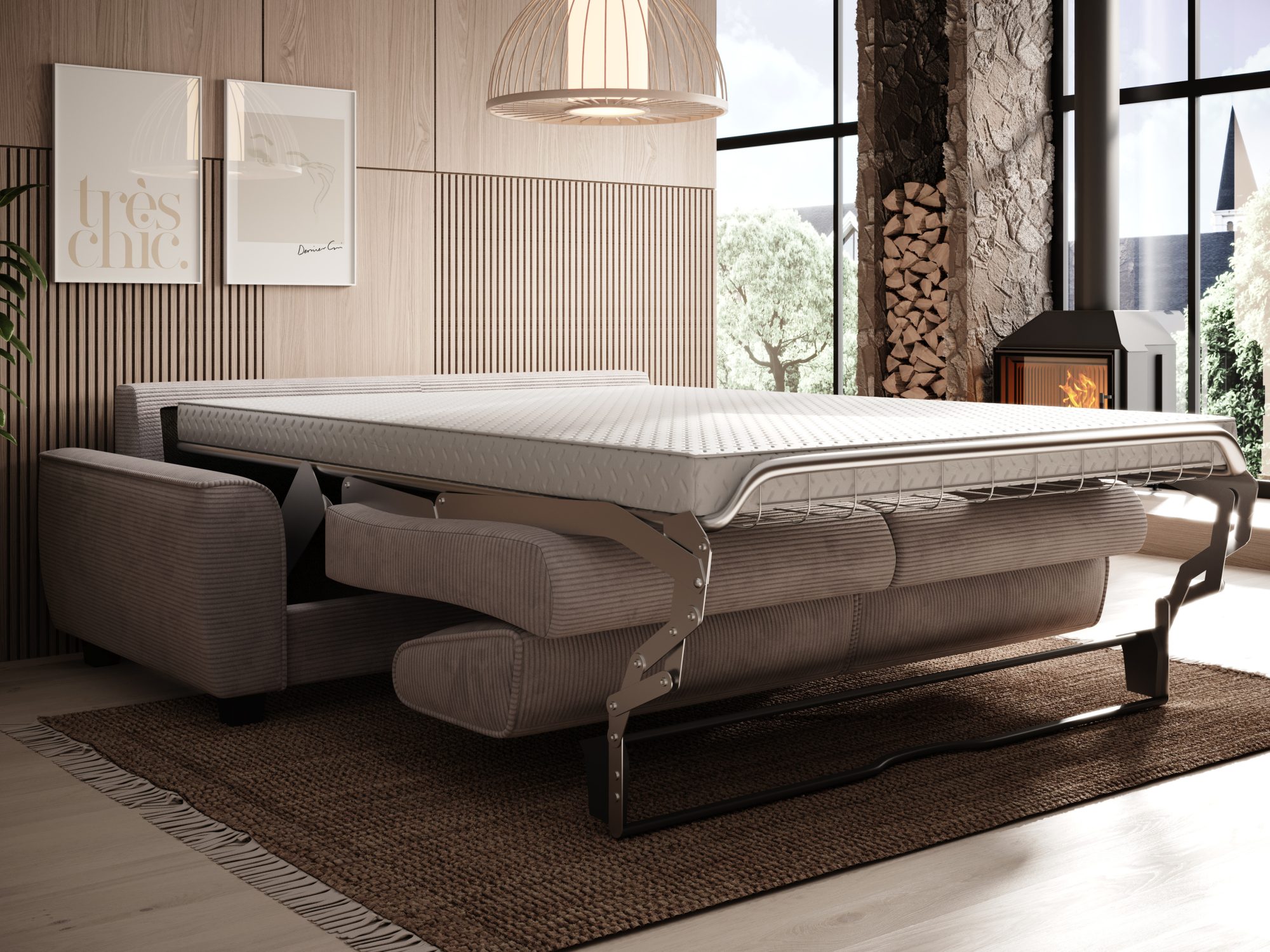 Rozłożona sofa Monvero z materacem w salonie