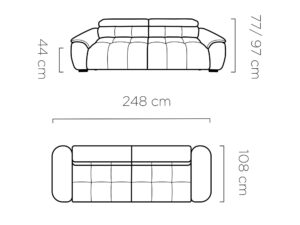 Miniaturka 4 - Rysunek wymiarowy sofy Novario – 248 × 108 cm, wysokość 77/97 cm