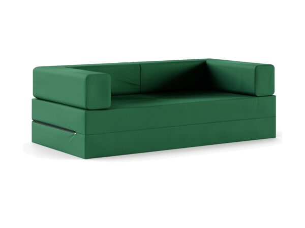 Rozkładana sofa ogrodowa z pianki w zielonej tkaninie wodoodpornej, na białym tle