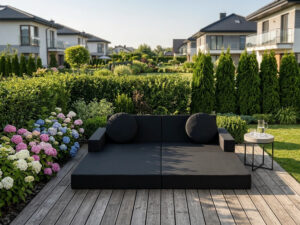 Miniaturka 5 - Sofa ogrodowa Sofavella z funkcją leżanki — rozłożona na tarasie, kolor czarny