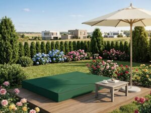 Miniaturka 6 - Zielona sofa ogrodowa rozłożona na tarasie pod parasolem