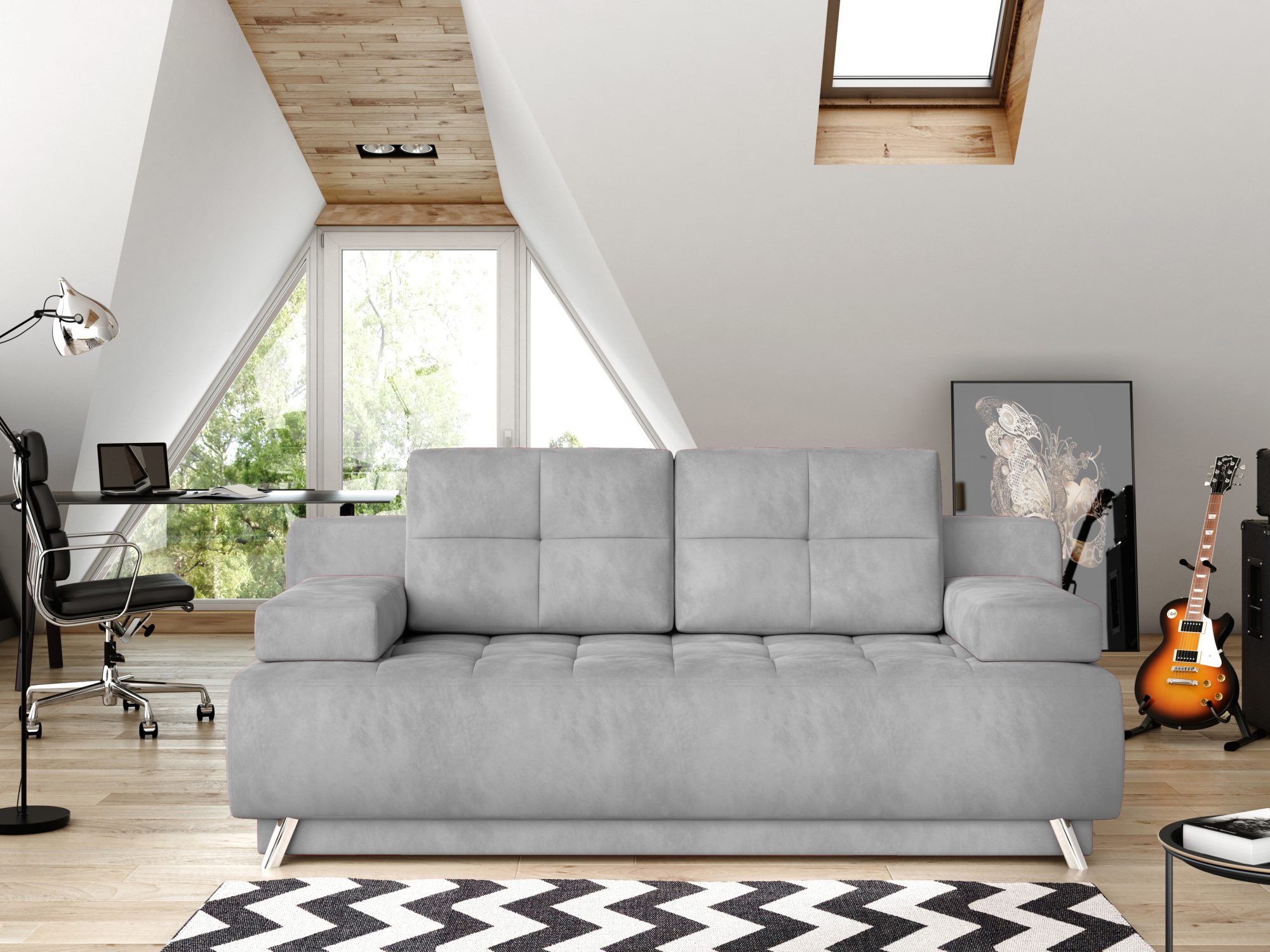 Sofa Osvero w pokoju na poddaszu, widok z przodu
