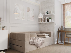 Miniaturka 6 - Sofa piankowa rozkładana Pianora — w pokoju, sztruks w kolorze beżowym