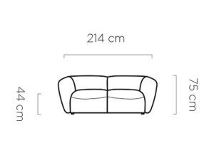 Miniaturka 4 - Rysunek wymiarowy sofy Rovelia z przodu: 214 cm szerokości, 75 cm wysokości