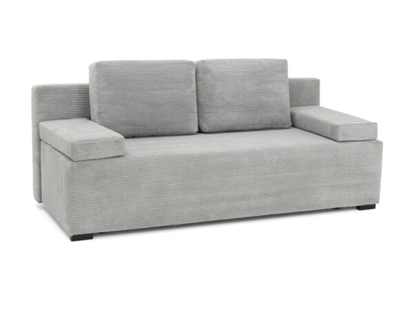 Sofa rozkładana Sofelia z pojemnikiem — sztruks w kolorze szarym, na białym tle
