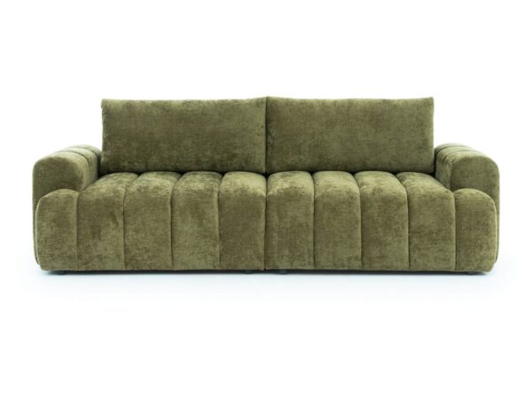 Sofa rozkładana Dorvessa 258 cm w oliwkowej tkaninie na białym tle
