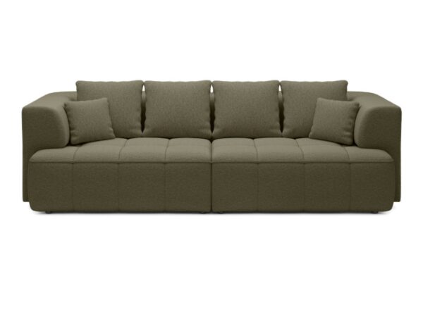 Sofa Albiero 286 cm w zielonej tkaninie na białym tle, widok z przodu