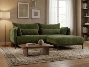 Miniaturka 1 - Zielona sofa Solvena z ustawioną obok pufą w aranżacji nowoczesnego salonu