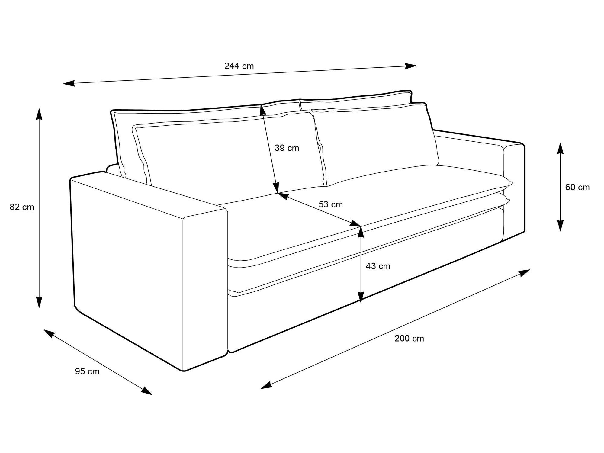 Sofa Tiliano – rysunek wymiarowy 244 × 95 cm
