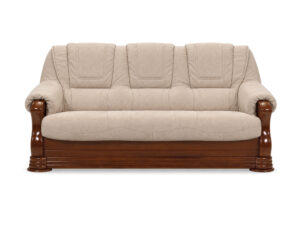 Miniaturka 2 - Rozkładana sofa trzyosobowa Parvero 195 cm w jasnobeżowej tkaninie, klasyczna bryła z drewnianymi podłokietnikami, widok z przodu na białym tle