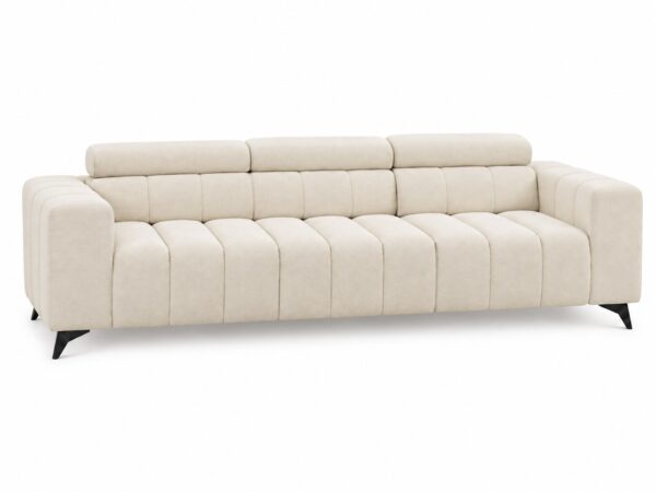 Sofa trzyosobowa Virvento 285 cm z regulowanymi zagłówkami w kremowej tkaninie z przeszyciami, na białym tle
