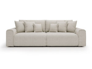Miniaturka 8 - Szeroka sofa trzyosobowa Venaro w kremowej tkaninie, widok z przodu na białym tle