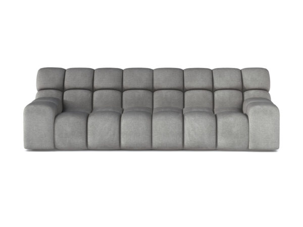 Sofa z elektrycznym wysuwem Campello 288 cm w szarej tkaninie z pikowanymi segmentami, widok z przodu na białym tle