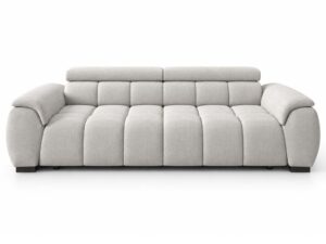 Miniaturka 5 - Jasnoszara sofa Novario 248 cm z pikowanym siedziskiem i dwoma regulowanymi zagłówkami, widok z przodu na białym tle